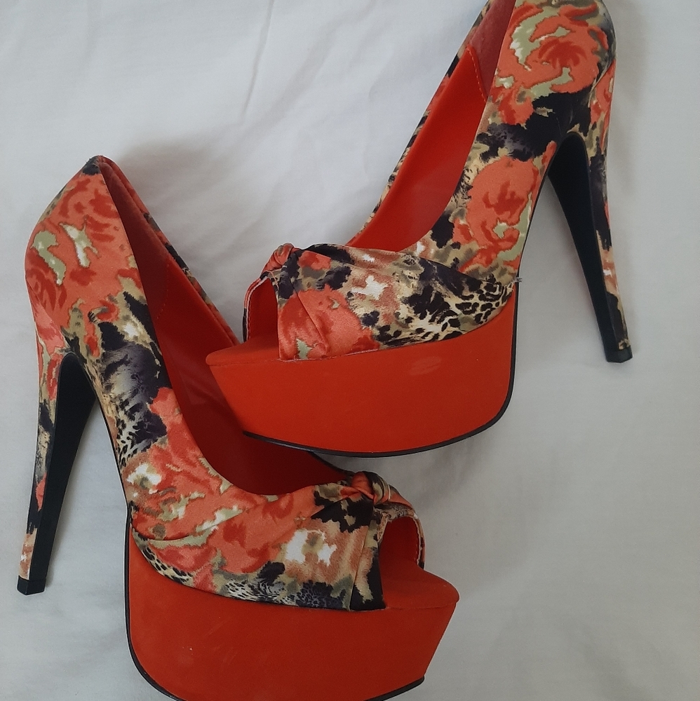 Floral/animal print red heels